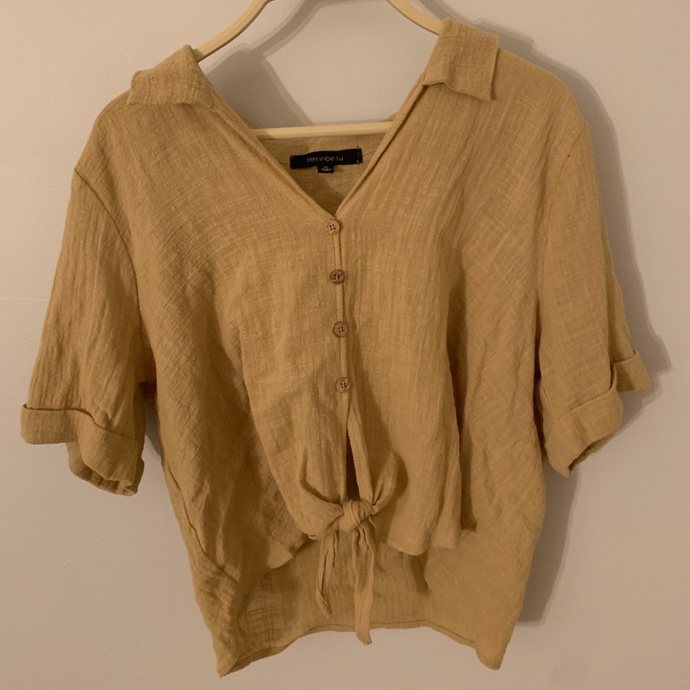 Mustard Yellow Button-Down Front Knot Crop Top